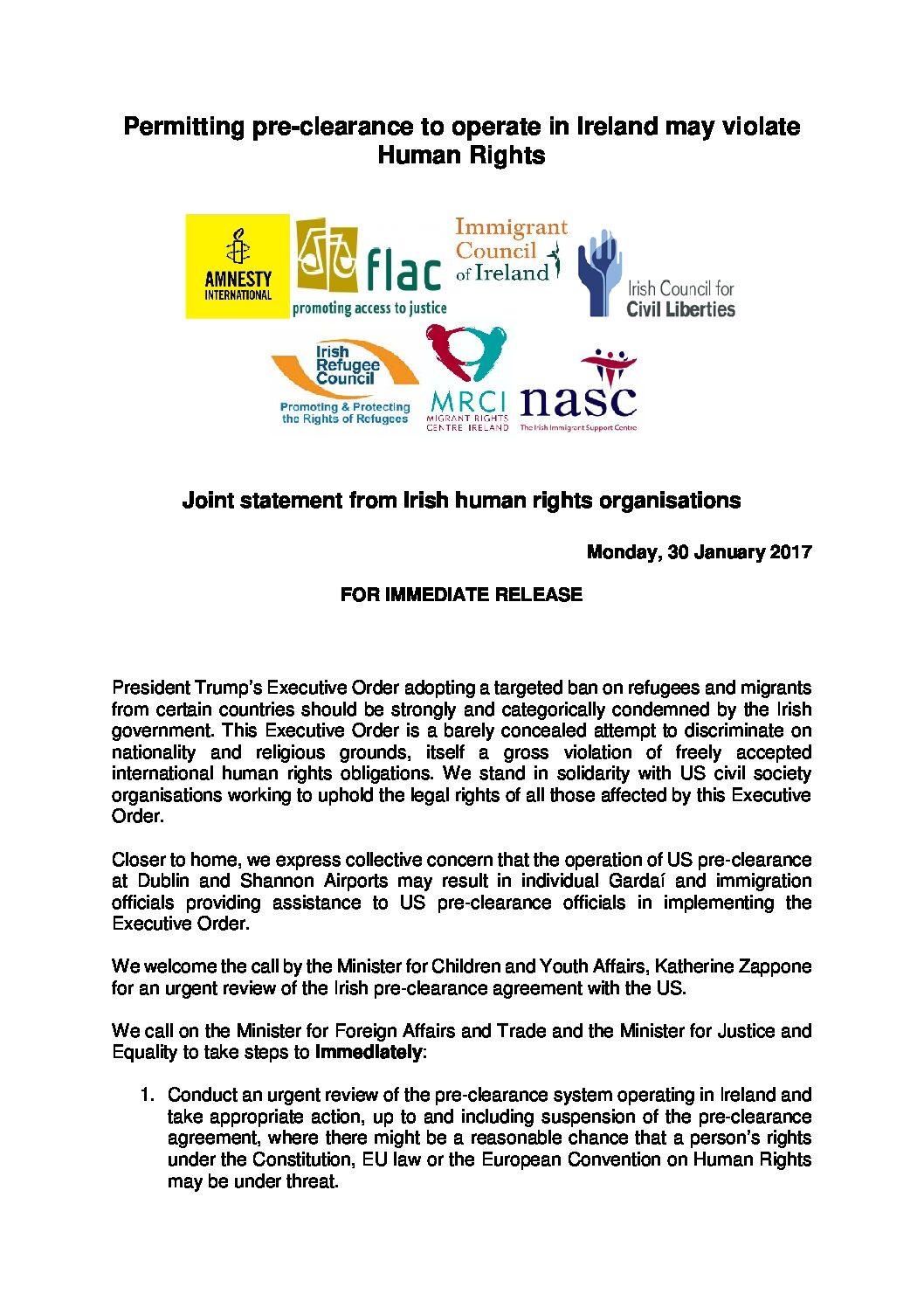 Permitting pre-clearance to operate in Ireland may violate Human Rights
