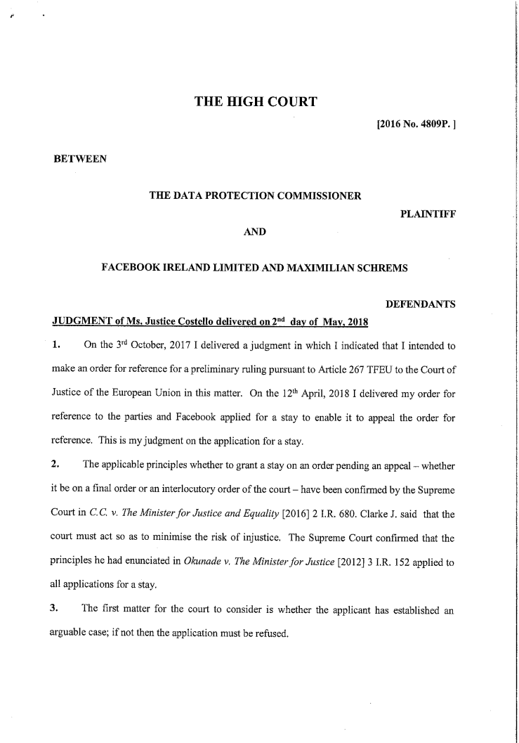 The High Court Judgement between The Data Protection Commissioner and Facebook Ireland Limited and Maximillian Schrems