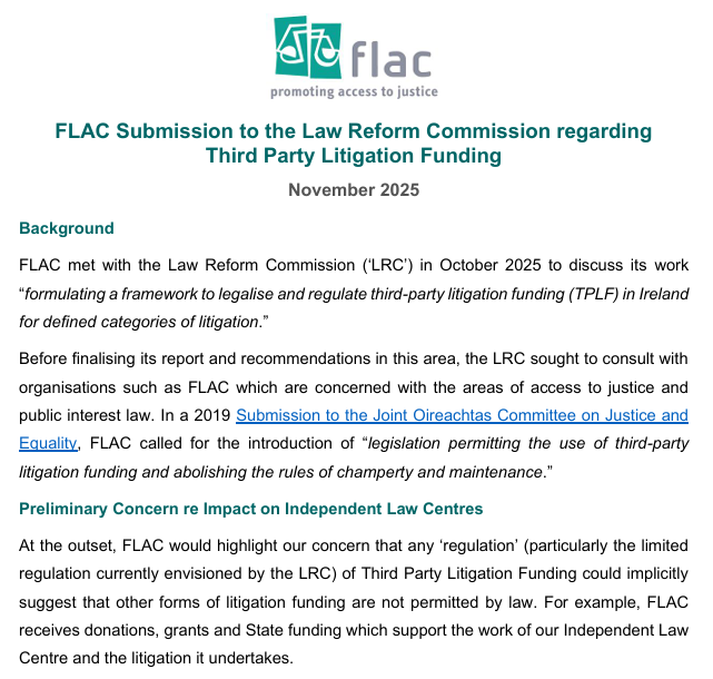 Preview of Submission to the Law Reform Commission regarding Third Party Litigation Funding